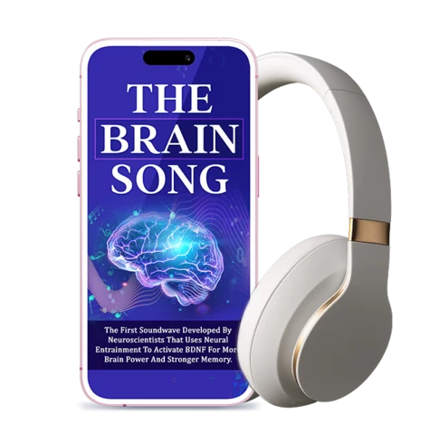 The Brain Song audio shown as cover art on a phone beside over-ear headphones; the product is a digital file