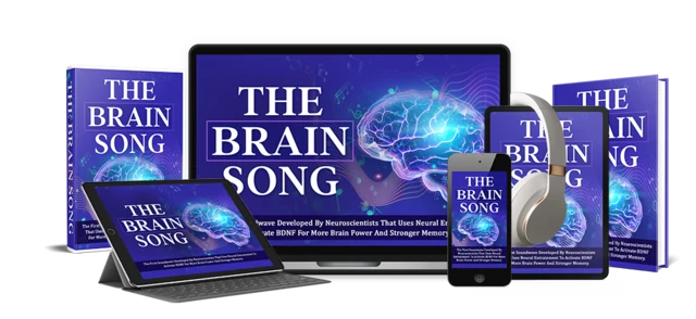 The Brain Song audio shown as cover art across a laptop, tablet, phone and books; the product is a digital file